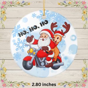 Santa Motorcycle Christmas Ornament Fun Ceramic Tree Decoration with Santa & Reindeer Riding, HO HO HO Winter Holiday Gift