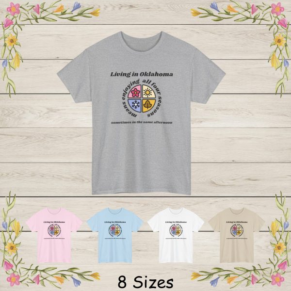 Image reads: Living in Oklahoma means enjoying all four seasons… sometimes in the same afternoon. This image features a circular icon divided into four colorful sections, each representing one of the four seasons. The top-left quadrant shows a pink flower for spring, the top-right displays a bright yellow sun for summer, the bottom-left features a blue snowflake for winter, and the bottom-right includes a golden leaf for fall. The simple, bold line art and soft pastel colors give the design a clean and cheerful look, making it perfect for themes related to weather, seasons, or year-round living.
