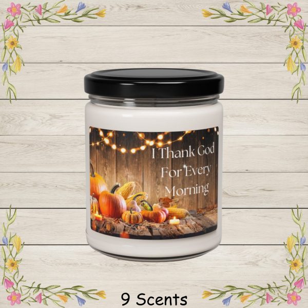 A warm, rustic room with aged wooden floors is decorated for fall. Pumpkins, dried corn, and soft glowing candlelight create a cozy, seasonal atmosphere. The text on the image reads, “I thank God for Every Morning.”