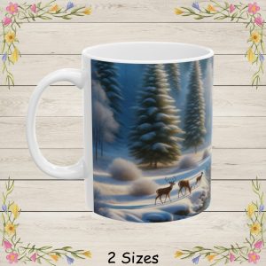 This enchanting winter landscape captures a peaceful forest blanketed in fresh snow, where soft morning light filters gently through towering evergreens. A crystal-clear river winds through the scene, reflecting hues of blue and silver as it flows over smooth, snow-kissed stones. Along the riverbank, a small group of deer—graceful and alert—pauses in the quiet calm, adding a touch of life and wonder to the tranquil setting. Frosted trees, delicate shrubs, and the serene glow of winter sunlight create a magical, storybook atmosphere that evokes peace, purity, and the quiet beauty of nature in its most serene season.