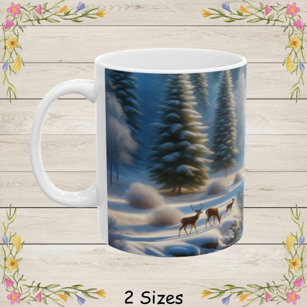 This enchanting winter landscape captures a peaceful forest blanketed in fresh snow, where soft morning light filters gently through towering evergreens. A crystal-clear river winds through the scene, reflecting hues of blue and silver as it flows over smooth, snow-kissed stones. Along the riverbank, a small group of deer—graceful and alert—pauses in the quiet calm, adding a touch of life and wonder to the tranquil setting. Frosted trees, delicate shrubs, and the serene glow of winter sunlight create a magical, storybook atmosphere that evokes peace, purity, and the quiet beauty of nature in its most serene season.