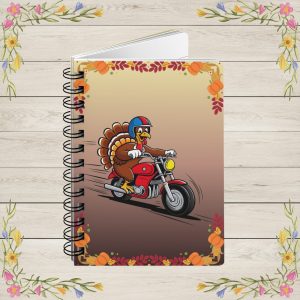 This playful Thanksgiving themed illustration features a cheerful cartoon turkey riding a bright red motorcycle at full speed. Wearing a colorful helmet and flashing a big smile, the turkey brings a humorous twist to the holiday spirit. The scene is framed with festive autumn elements, pumpkins, corn, acorns, and fall leaves, creating a warm seasonal border that perfectly captures Thanksgiving vibes.