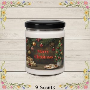 This cozy Christmas image captures the heartwarming charm of the holiday season. A beautifully decorated mini Christmas tree, adorned with red and gold ornaments, sits beside a plate of iced holiday cookies, adding a touch of homemade sweetness. Wrapped gifts with shiny gold ribbons rest on a rustic wooden table, while evergreen garland, pinecones, and sparkling ornaments frame the scene from above. The bold red “Merry Christmas” message stands out at the center.