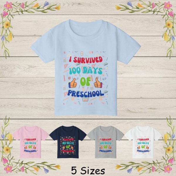 Celebrate a huge classroom milestone with this fun and colorful “I Survived 100 Days of Preschool” design! This playful artwork features bold, kid-friendly lettering surrounded by adorable school supplies like crayons, notebooks, pencils, glue, scissors, rulers, and more. Two cheerful thumbs-up graphics add a joyful touch, making it ideal for preschoolers celebrating their 100th day of learning. Great for little students who want a bright and happy memory of this special day!