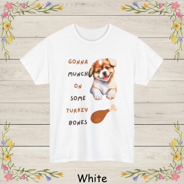 This adorable Thanksgiving-themed design features a happy, watercolor-style puppy with big sparkling eyes and a playful smile. Paired with the fun phrase “Gonna Munch On Some Turkey Bones,” this artwork brings a charming and humorous twist to the holiday season.