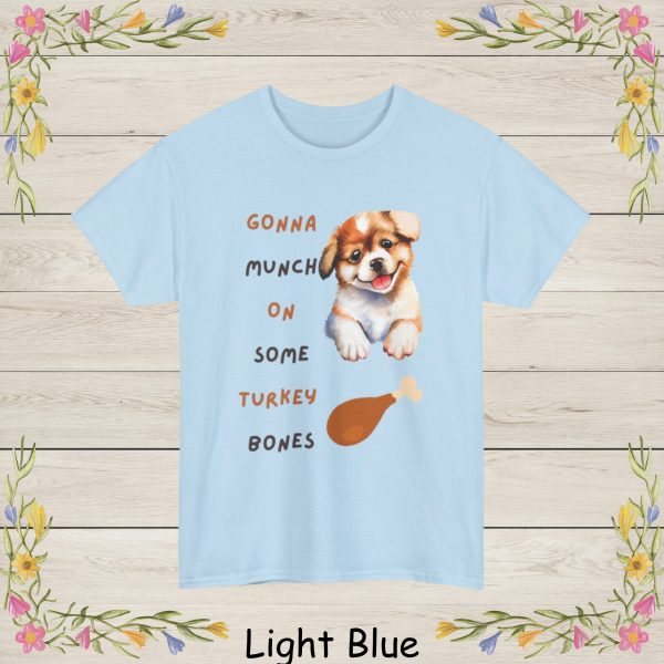 This adorable Thanksgiving-themed design features a happy, watercolor-style puppy with big sparkling eyes and a playful smile. Paired with the fun phrase “Gonna Munch On Some Turkey Bones,” this artwork brings a charming and humorous twist to the holiday season.