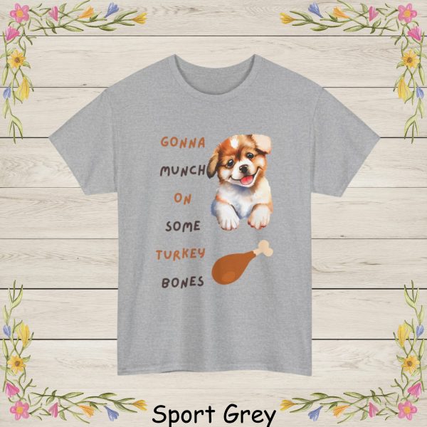 This adorable Thanksgiving-themed design features a happy, watercolor-style puppy with big sparkling eyes and a playful smile. Paired with the fun phrase “Gonna Munch On Some Turkey Bones,” this artwork brings a charming and humorous twist to the holiday season.
