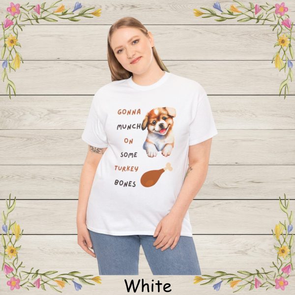 This adorable Thanksgiving-themed design features a happy, watercolor-style puppy with big sparkling eyes and a playful smile. Paired with the fun phrase “Gonna Munch On Some Turkey Bones,” this artwork brings a charming and humorous twist to the holiday season.