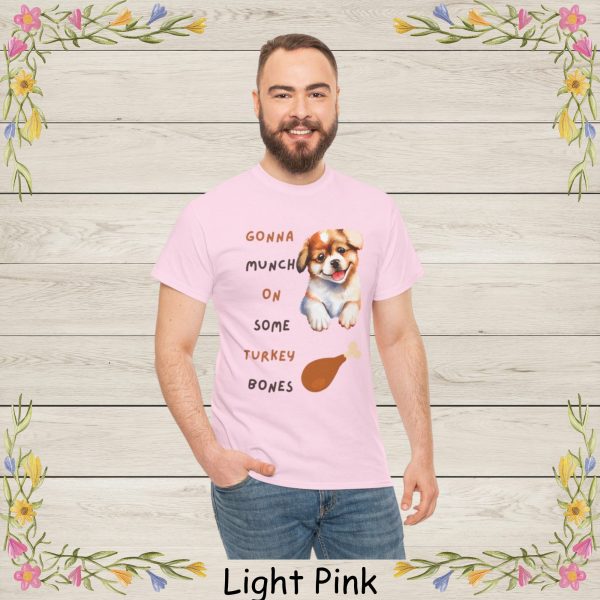 This adorable Thanksgiving-themed design features a happy, watercolor-style puppy with big sparkling eyes and a playful smile. Paired with the fun phrase “Gonna Munch On Some Turkey Bones,” this artwork brings a charming and humorous twist to the holiday season.