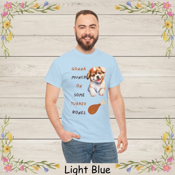 This adorable Thanksgiving-themed design features a happy, watercolor-style puppy with big sparkling eyes and a playful smile. Paired with the fun phrase “Gonna Munch On Some Turkey Bones,” this artwork brings a charming and humorous twist to the holiday season.