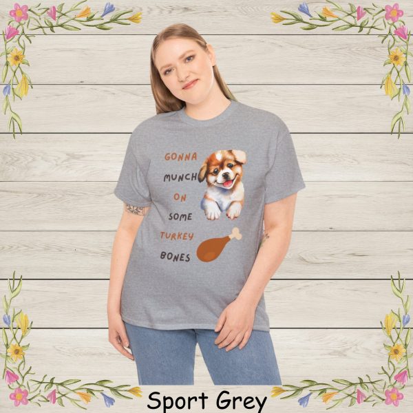 This adorable Thanksgiving-themed design features a happy, watercolor-style puppy with big sparkling eyes and a playful smile. Paired with the fun phrase “Gonna Munch On Some Turkey Bones,” this artwork brings a charming and humorous twist to the holiday season.