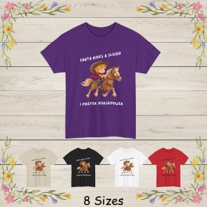 This adorable cartoon illustration reads Santa Rides A Sleigh, I Prefer Horsepower and features a cheerful young cowboy riding a galloping horse, complete with a wide-brimmed hat, red bandana, and classic western outfit.